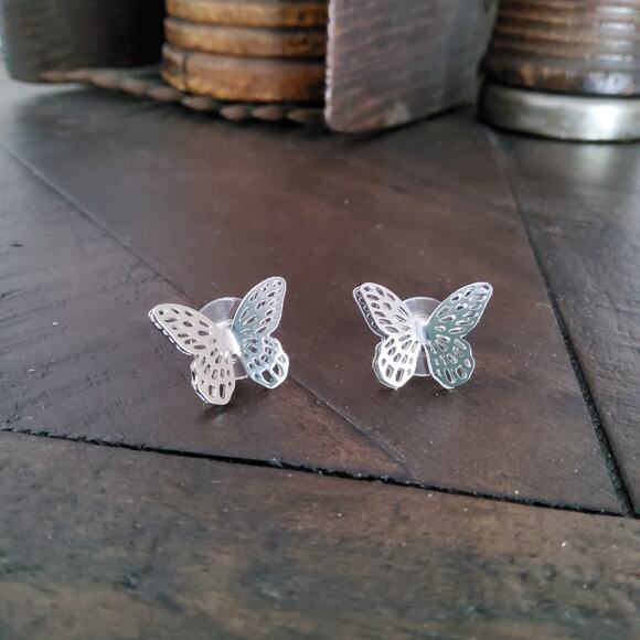 Women's Layered Double Butterfly Stud Earrings in Silver Tone - Picture 3 of 10